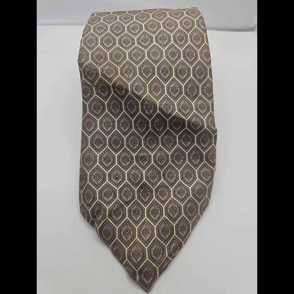 Vintage Liberty Of London Tie Silk Beige Blue Geometric USA‎ Made Tie 3W 55L